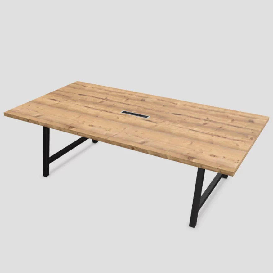 Table de réunion COHESION 10 à 12 personnes avec électrification, pieds blancs, plateau coloris TIMBER